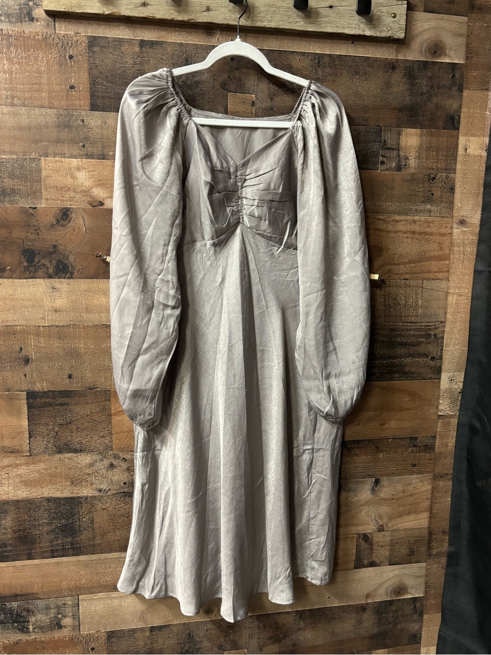 Mikarose Taupe Satin Midi Dress with Puff Sleeves